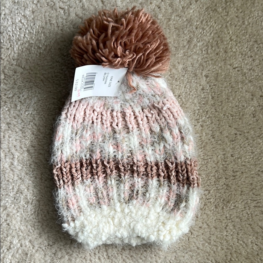 Cozy Pink and White Chenille Knit Beanie with Pom Pom